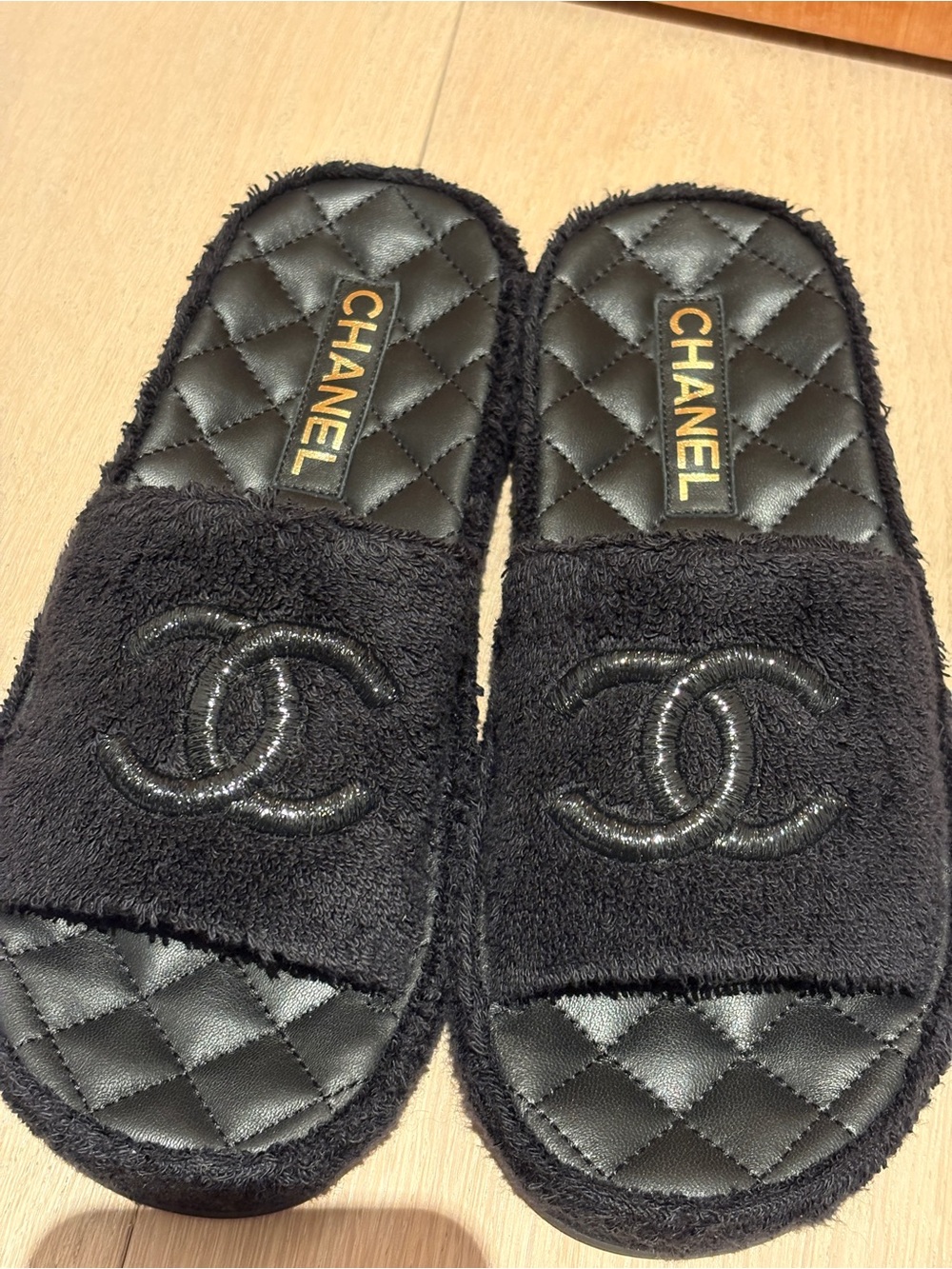 Chanel Black Quilted Terry Cloth Logo Slide Sandals - Picture 3 of 5